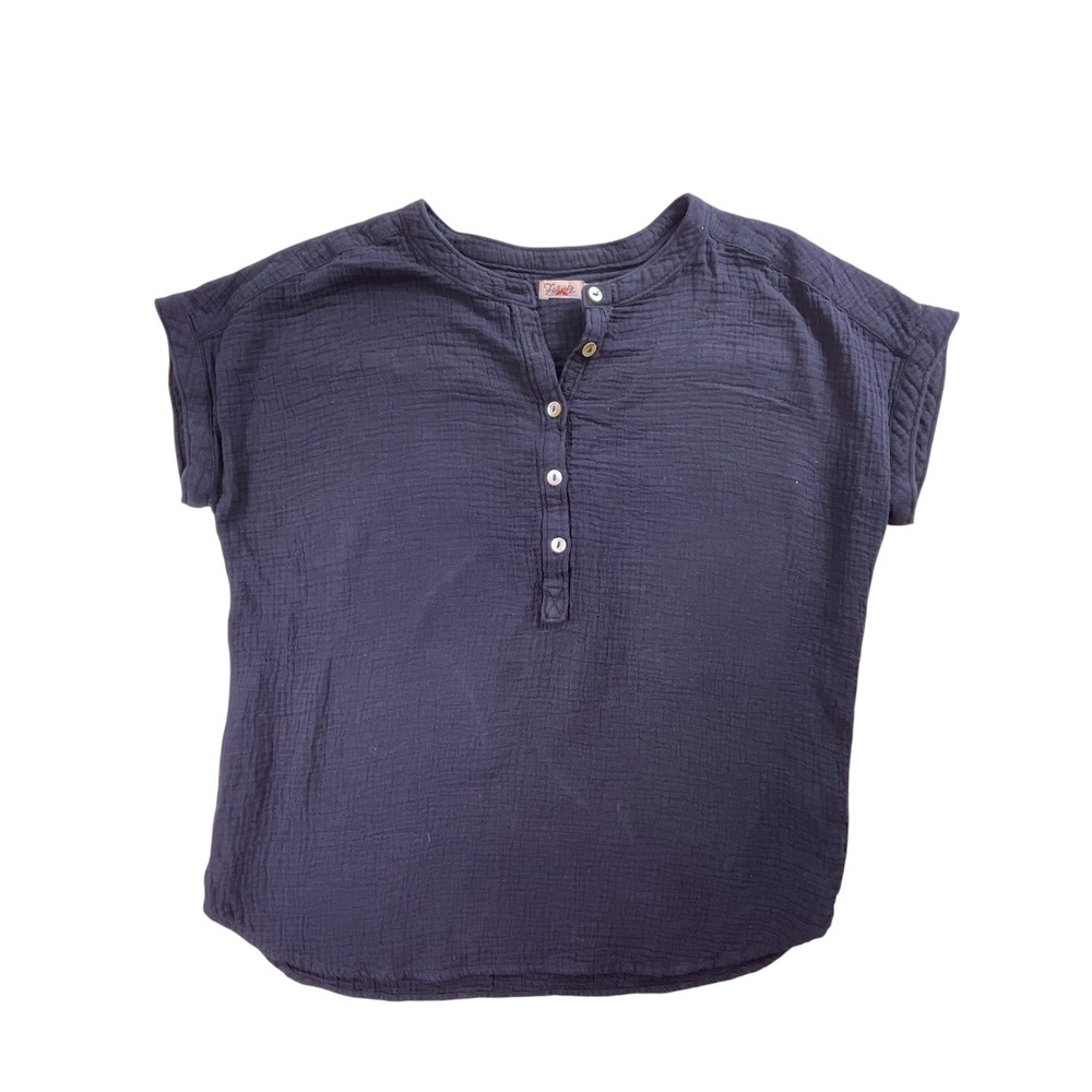 Faherty Desmond Gauze Henley Top Navy Blue Organic Cotton Short Sleeve Small